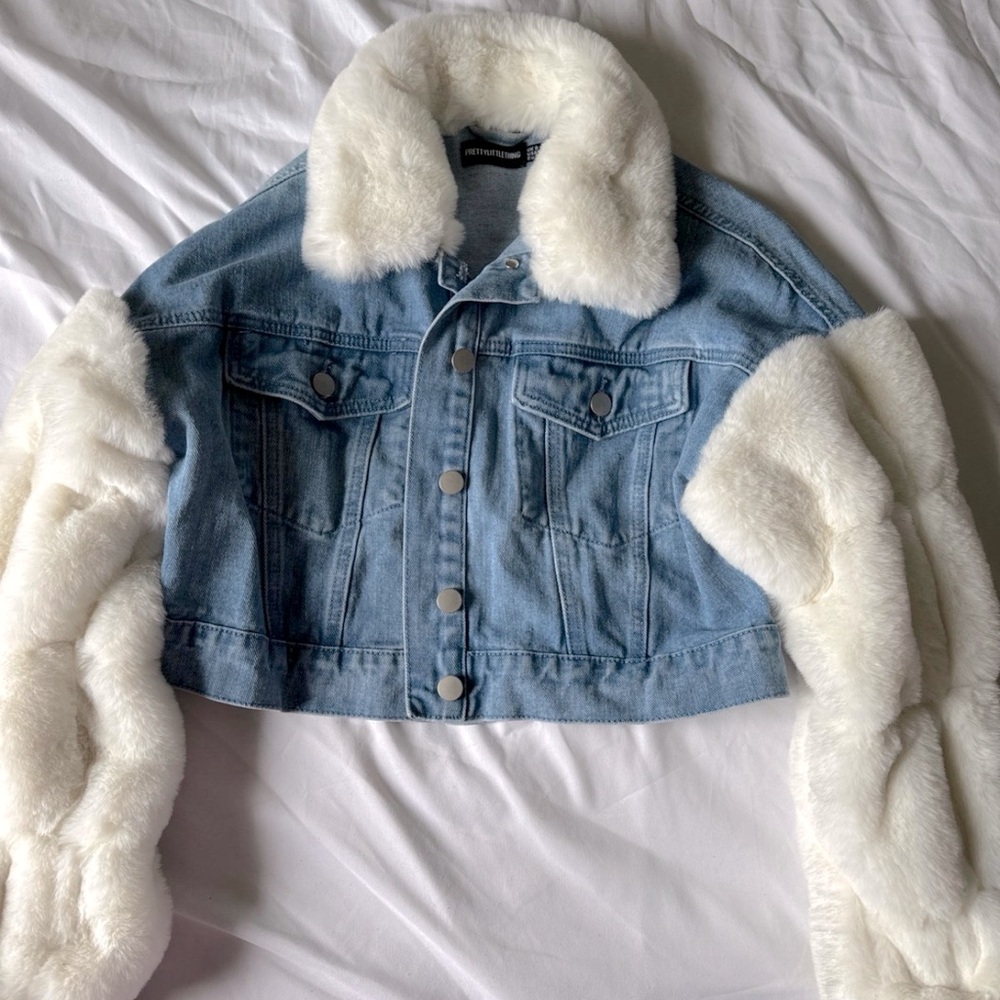 Pretty Little Thing cropped Jean jacket with fur sleeves